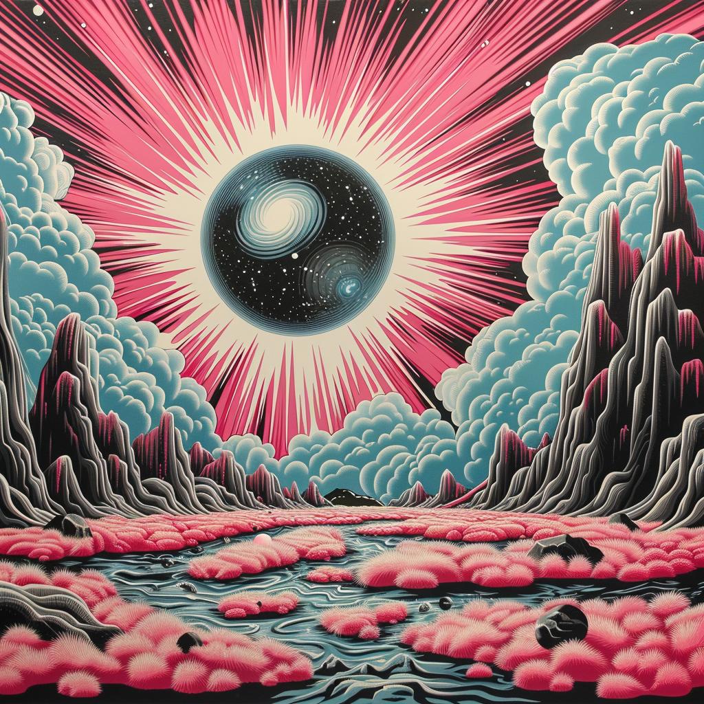pulsar  album  cover  painting  clouds  black  sun  1970s  symbolist  risograph 941634