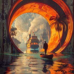 man  boat  tunnel  middle  chromolithography  journey  mystical  surreal  water  art 1039997