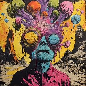 surreal  album  cover  painting  man  skull  colorful  glasses  risograph  symbolist 1079314