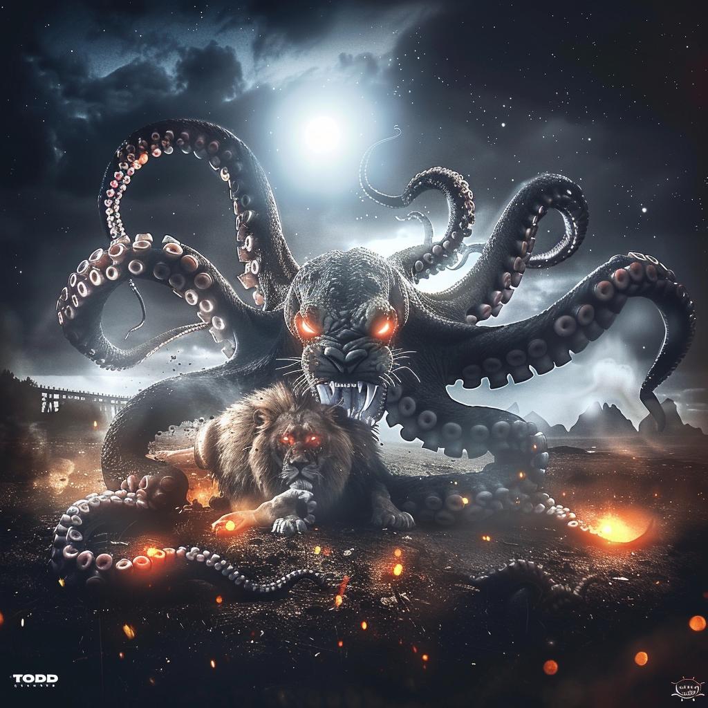 octopus  lion  moon  tentacles  red  dark  sky  Todd  McFarlane  wrestle 1034289
