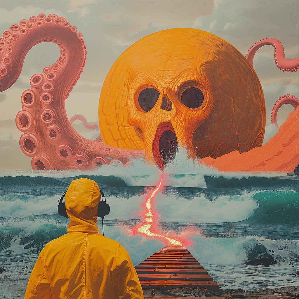 surreal  album  cover  man  yellow  raincoat  pier  octopus  creative  art 1018658