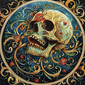 skull  flowers  leaves  painting  chromolithography  colorful  ornate  graphic  art  design 1056263
