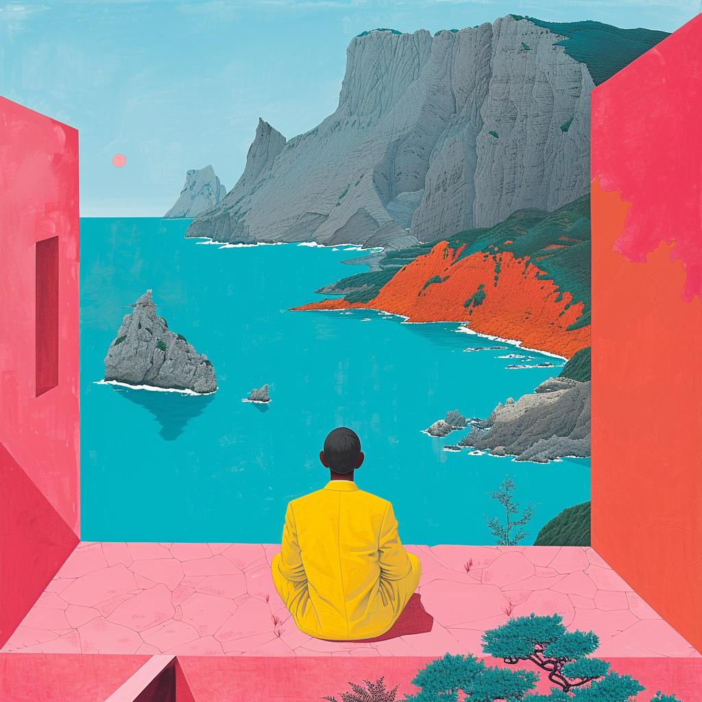 surreal  man  sitting  pink  room  ocean  view  creative  album  cover 1017288