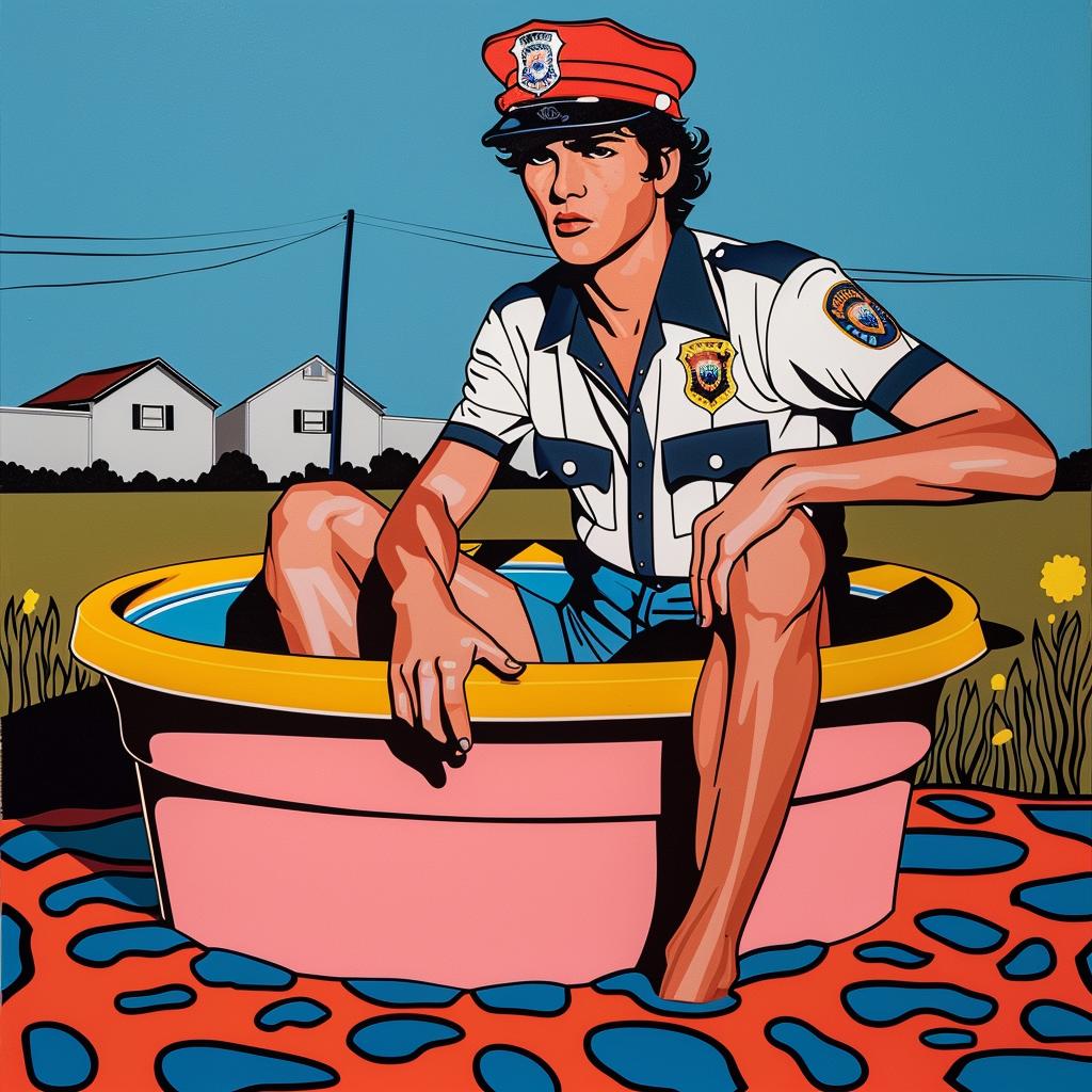 policeman  pool  sitting  water  tub  painting  humor  graphic  playful  surreal 1023191