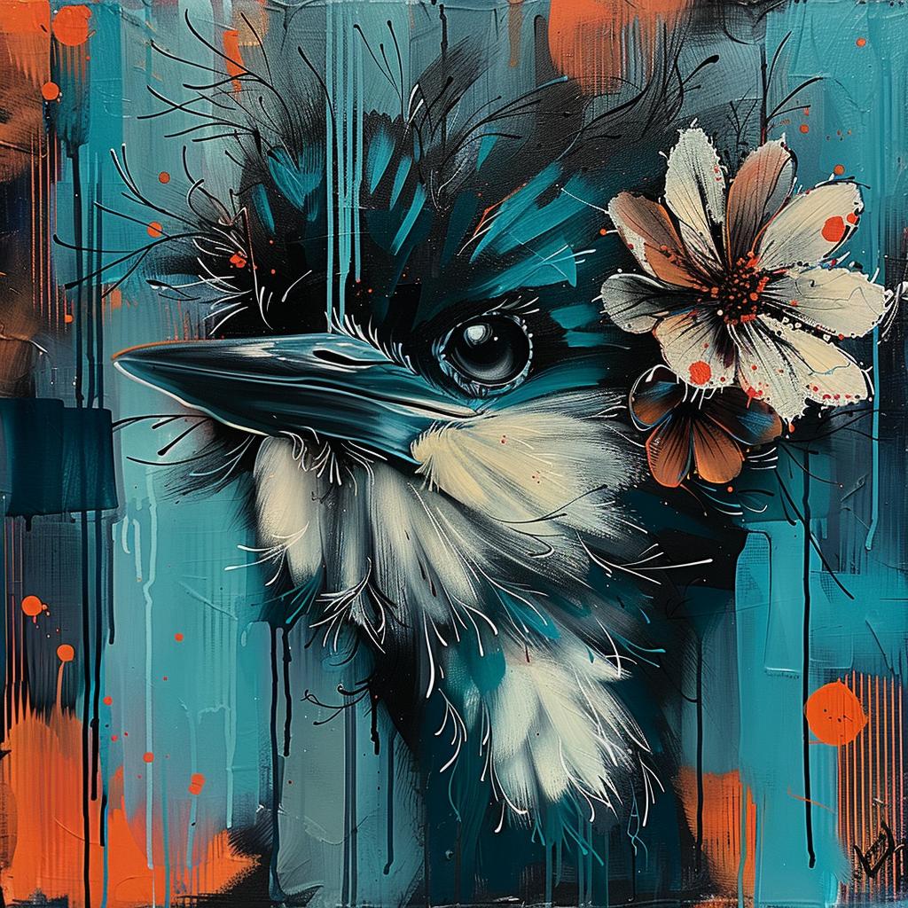 bird  flowers  teal  orange  painting  nature  vibrant  floral  colorful  art 963638