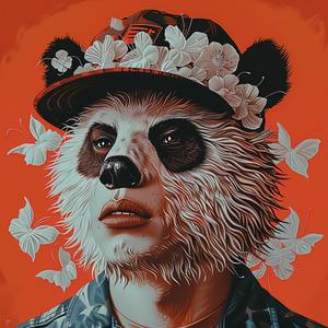 panda  bear  hat  flowers  head  Risograph  Symbolist  hyper-realistic  album  cover 1077455