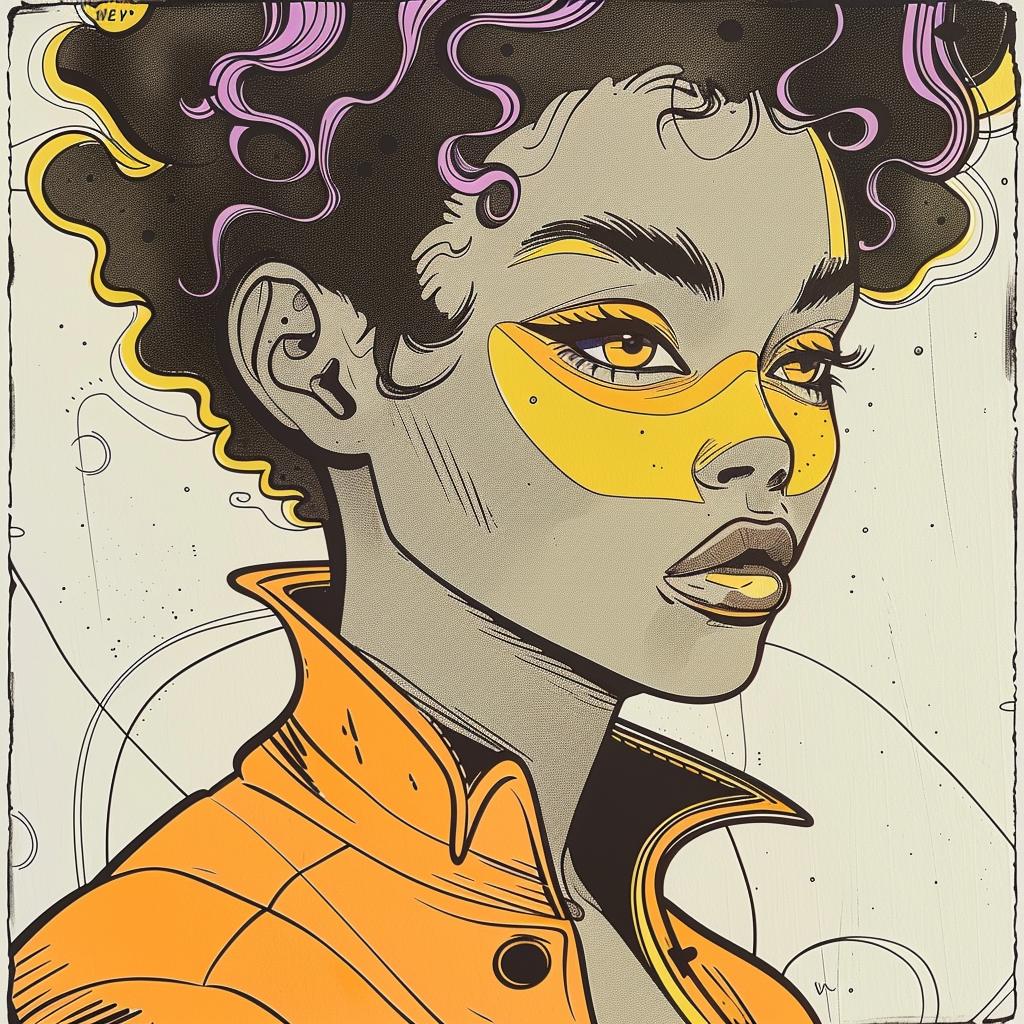 Pop Art  African-American  female  age 70  purple  hair  yellow  eyes  Patrick Nagel  portrait 938116