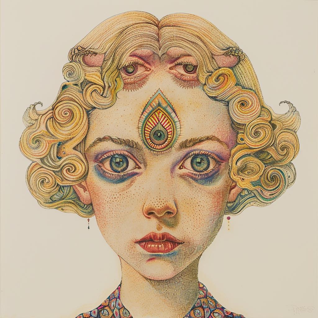 portrait  woman  three  eyes  curly  hair  white  background  Codex  Seraphinianus 971395