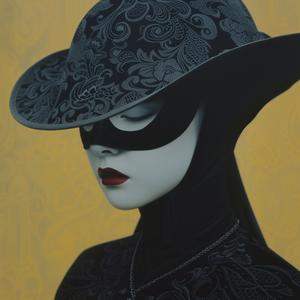 surreal  album  cover  woman  hat  mask  symbolist  hyper-realistic  Risograph  art 1077851