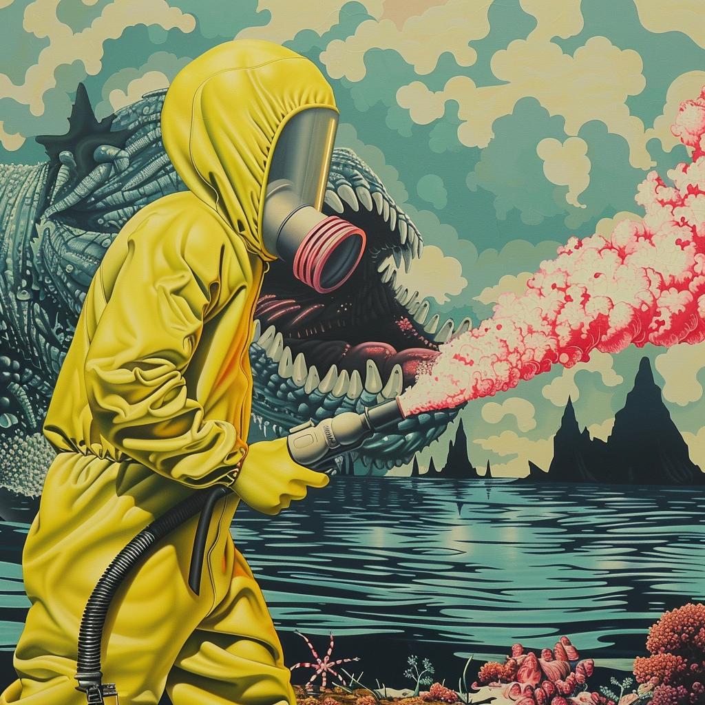 hazmat  flamethrower  water  attack  man  gas-mask  painting  action  fantasy  sea-monster 944290