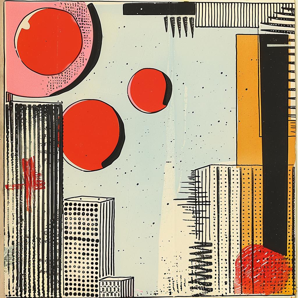 collage  album  Rauschenberg  1980s  synthwave  city  geometric  colorful  artistic  design 919716