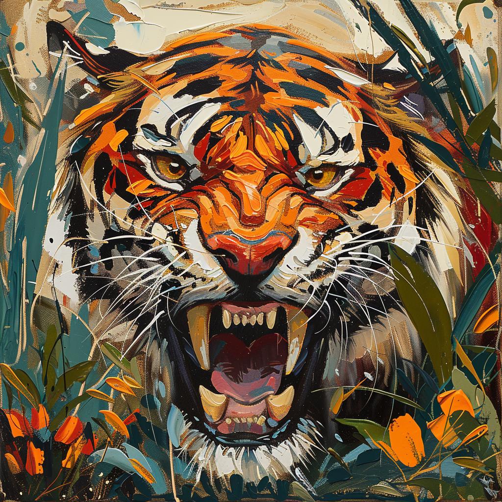 fierce  tiger  snarling  StephanieVance  jungle  vibrant  detailed  brushwork  harmonious  composition 938665