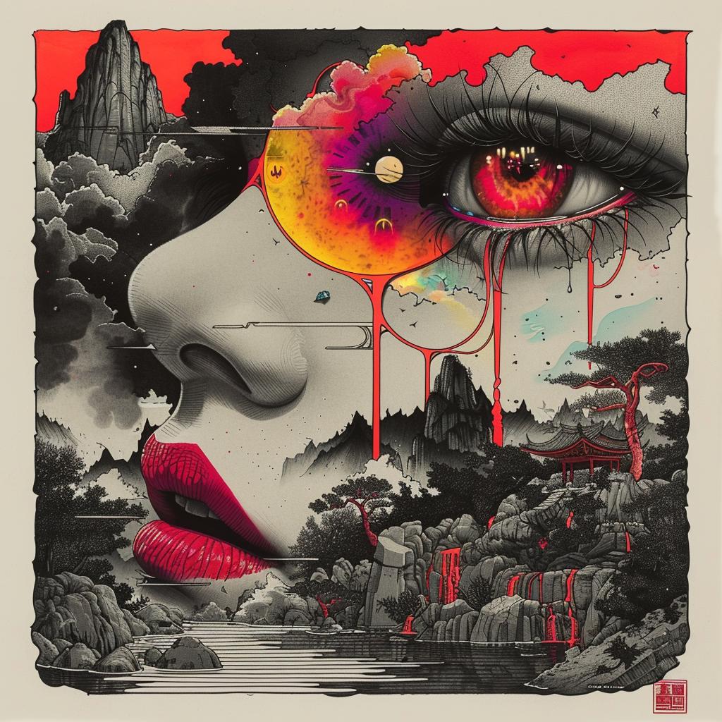 horror  poster  Japanese  lettering  woman  red  eyes  dark  background  graphic 1036394