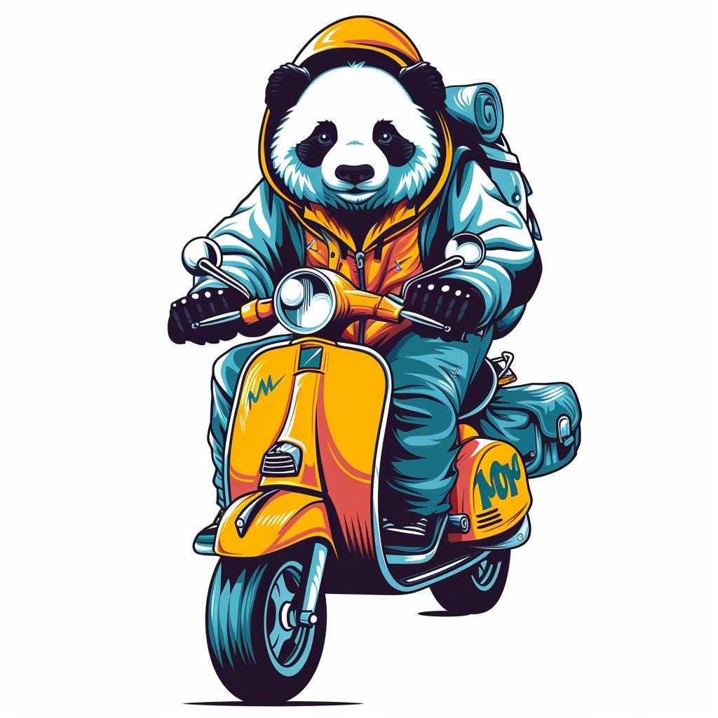 panda  scooter  happy  simple  blue  yellow  cartoon  minimal  fun  illustration 955542