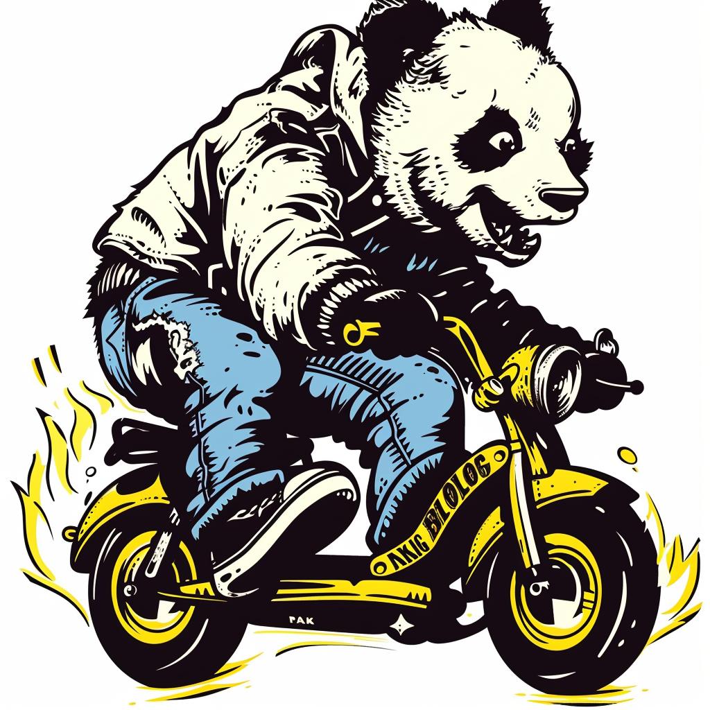 panda  scooter  happy  minimalist  motorcycle  blue  yellow  playful  cartoon  whimsical 955356