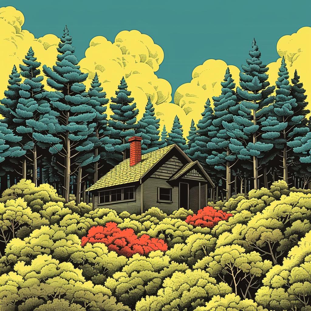 cabin  woods  animated  illustration  vibrant  folk  design  sinuous  colorful  art 944864