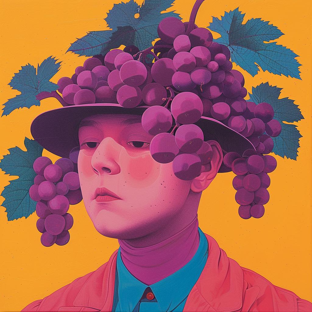 surreal  grapes  man  head  colorful  whimsical  album  cover  painting  Joan 1017513