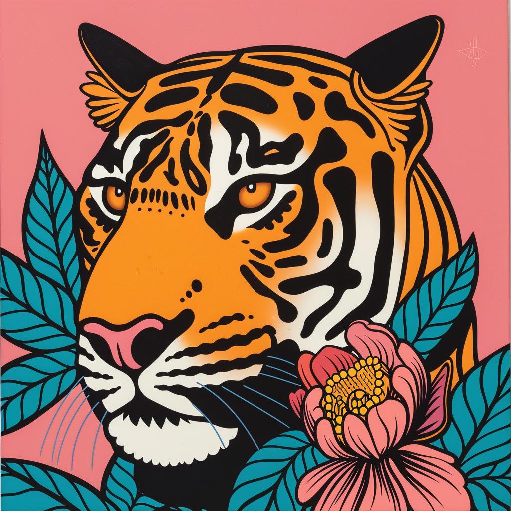 tiger  seveneyes  pink  flowers  vibrant  animal  graphic  art  background  bold 973093