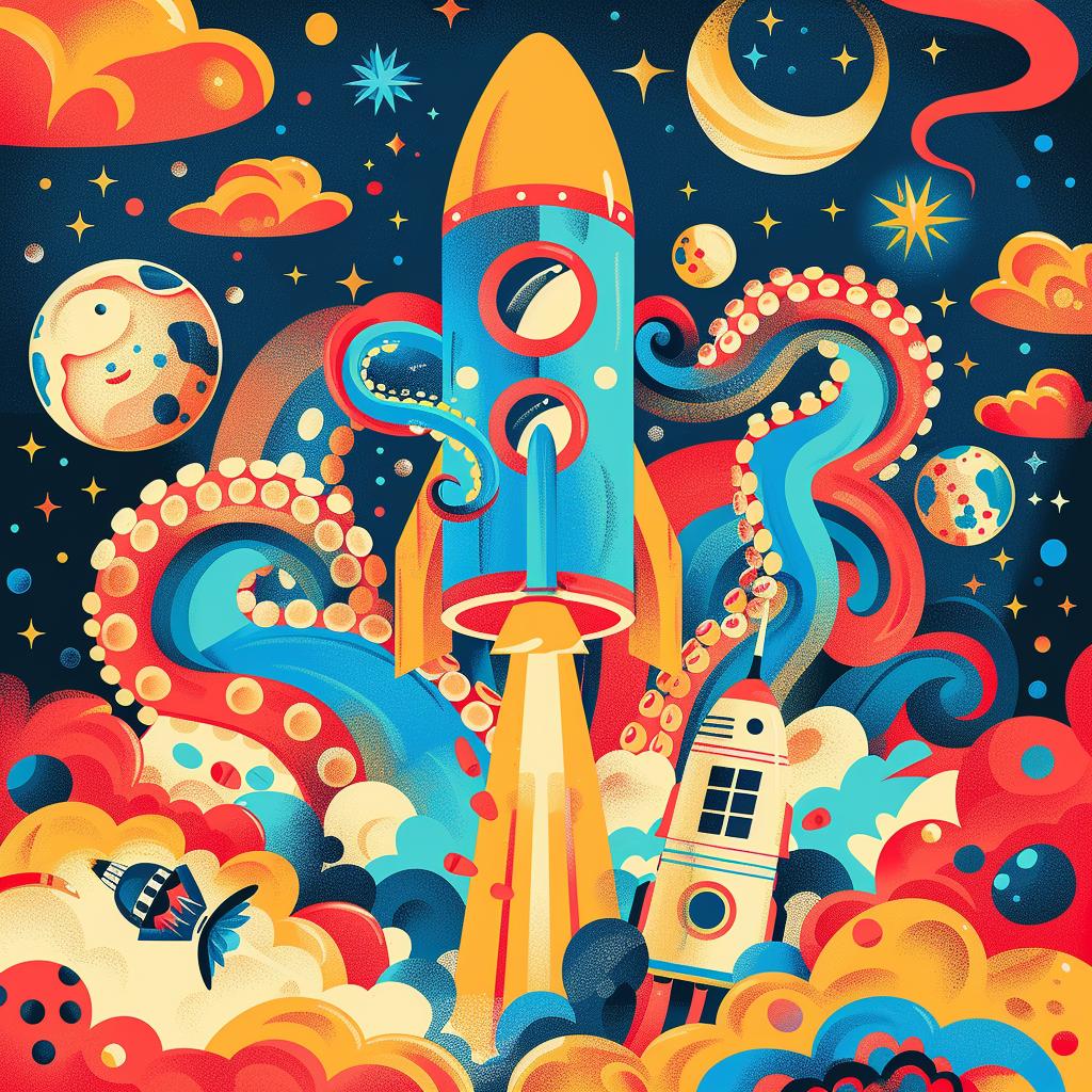 graphic  illustration  astronaut  octopus  explosion  colorful  fantasy  vibrant  whimsical  surreal 1018184