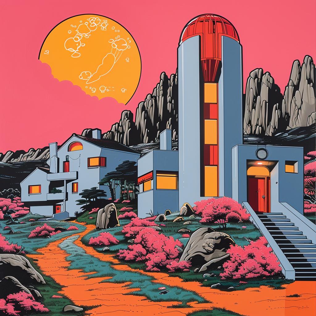 synthwave  album  cover  painting  house  red  sky  mountains  fantasy  art 1024911