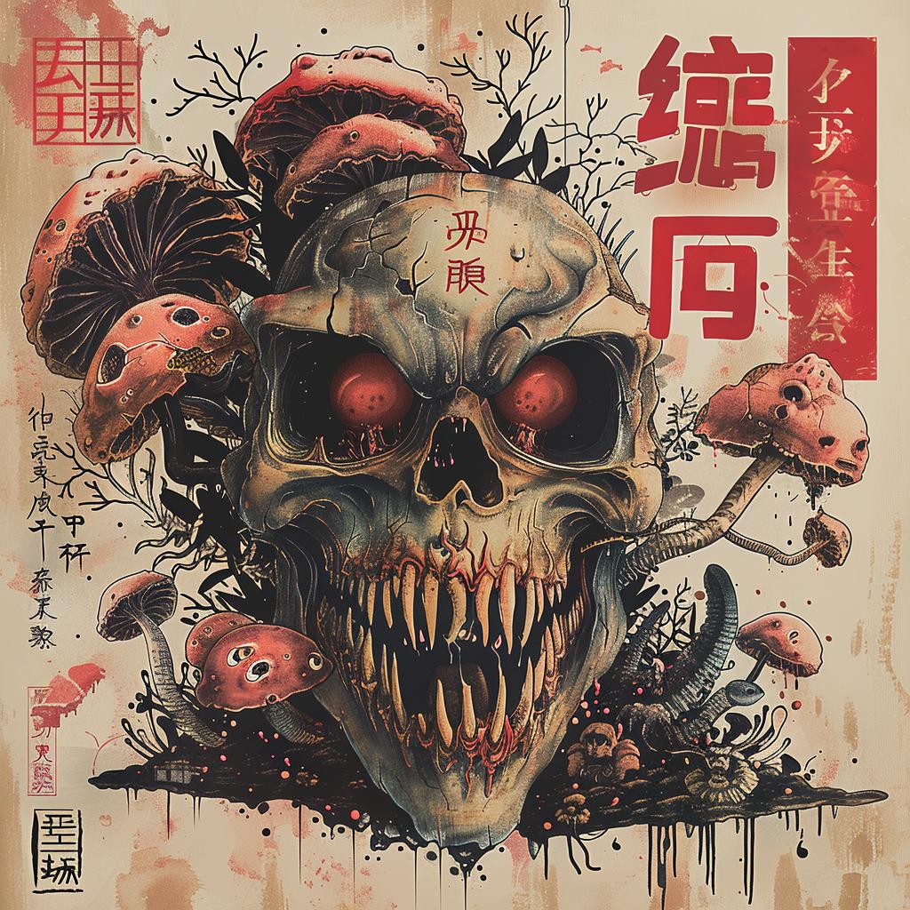 skull  mushrooms  poster  dark  mysterious  Japanese  chromolithography  art  horror  design 1036135