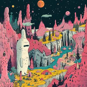 surreal  album  cover  cartoon  illustration  landscape  white  man  Tsukioka  adventure 1064803