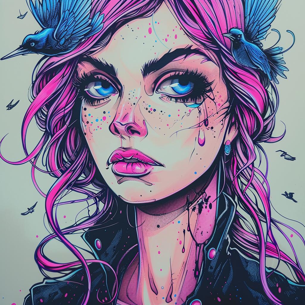 girl  pink  hair  birds  blue  fantasy  illustration  beaky  cloonan  art 929906