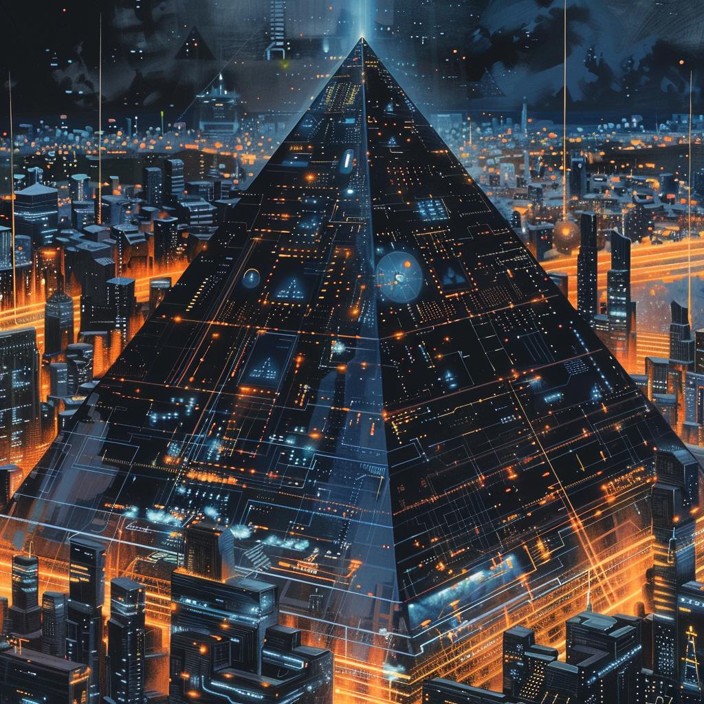 sci-fi  2D  gouache  illustration  futuristic  city  pyramid  dark  epic  composition 922310