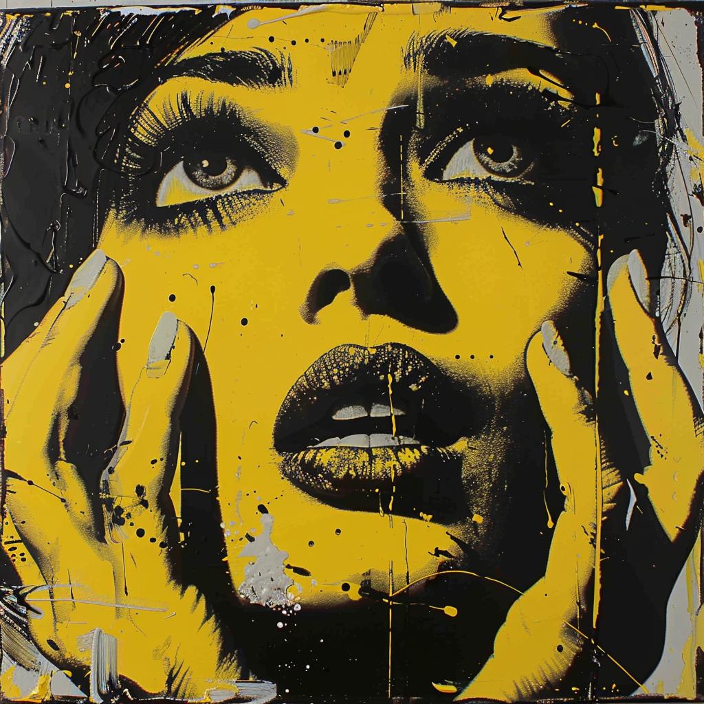 surreal  album  cover  hyper-realistic  screenprinting  Azzopardi  encaustic  woman  yellow  paint 959975