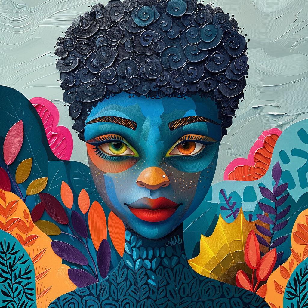 PopArt  african-american  model  blue  hair  flowers  white  background  vibrant  style 938669
