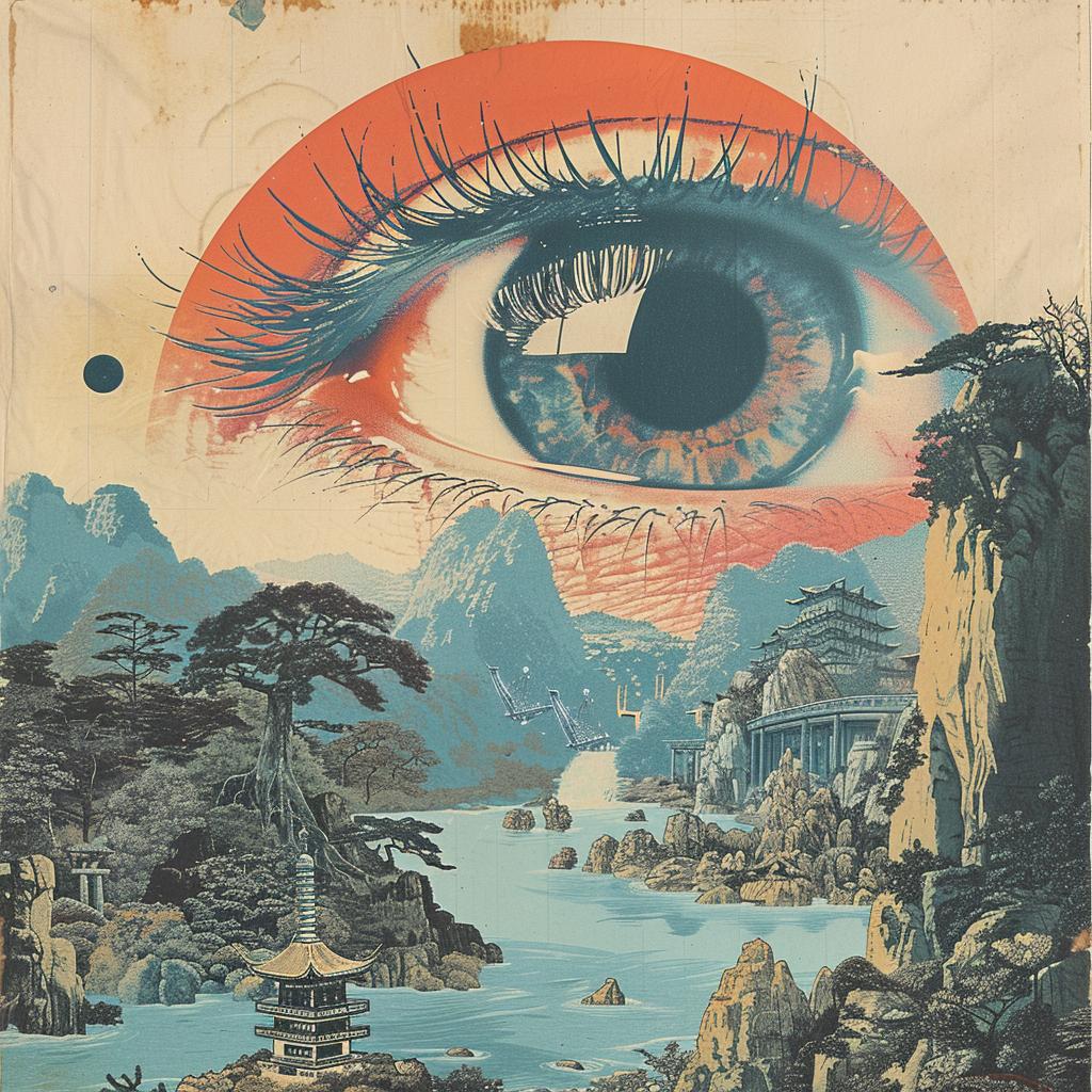 albumart risograph collage japonisme psychedelic surrealism vintage indigo beige sci-fi 1026625