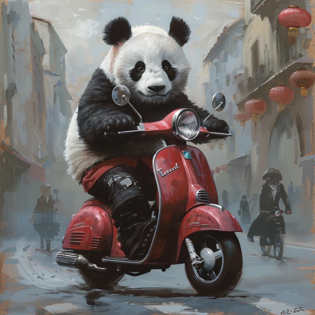 panda  moped  painting  red  scooter  cute  animal  humor  fun  whimsical 1019695