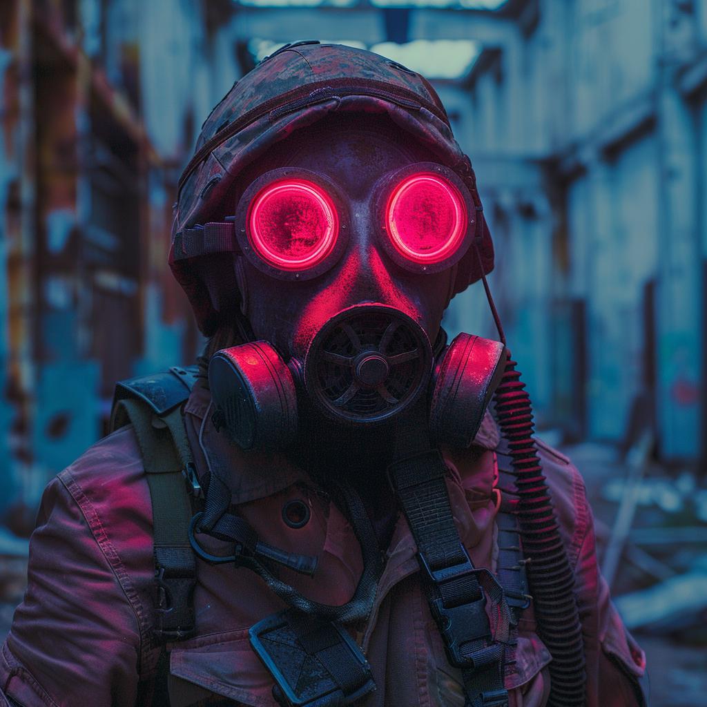 تصوير قناع غاز رجل عيون وردية متوهجة إضاءة حضرية تقنية صورة شخصية 965537