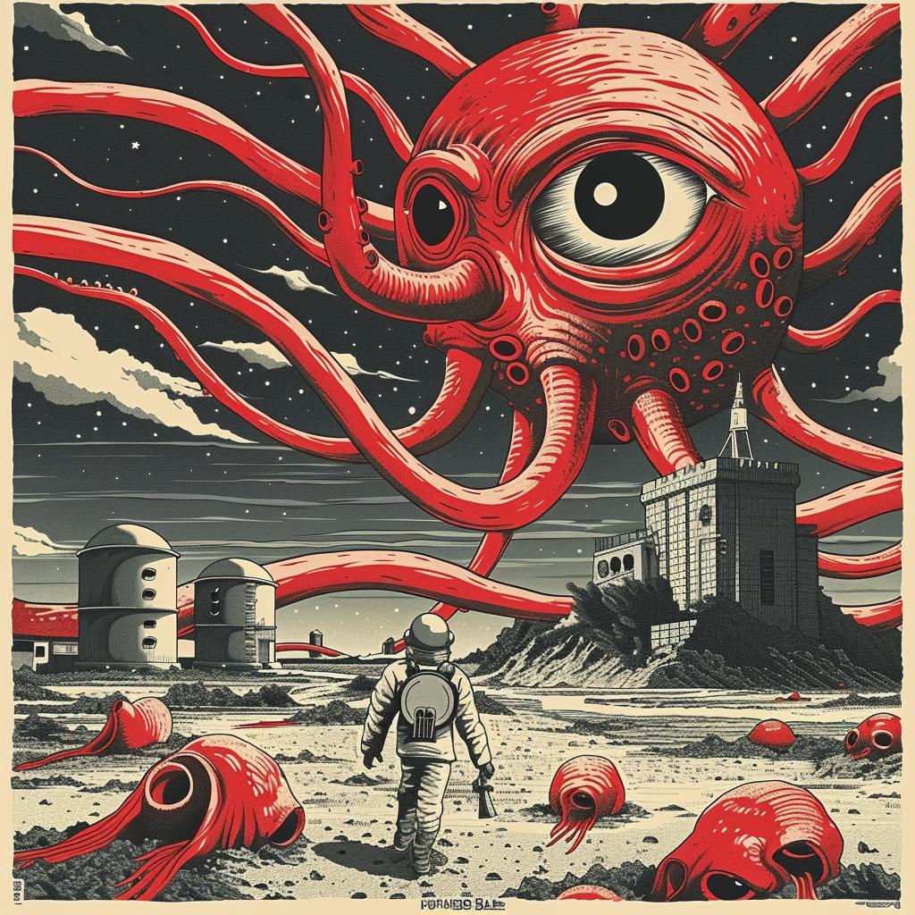 ملصق هجوم مخلوق فضائي من المريخ، فن خيال علمي ملون، دراماتيكي رقمي 946608