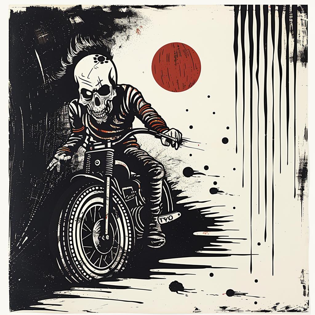 drawing  skeleton  motorcycle  whorls  swirls  dashes  crosshatching  art  Mid-Century  modern 916333