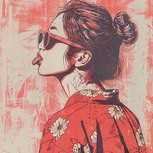 woman  kimono  block  print  pink  sunglasses  Hokusai  art  back  stylized 1077963