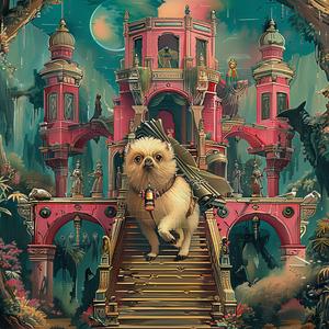 dog  staircase  castle  painting  chromolithography  vintage  illustration  nature  art  scene 1058395