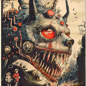 monster  red  eyes  teeth  poster  chromolithography  fantasy  illustration  vibrant  creature 1040836