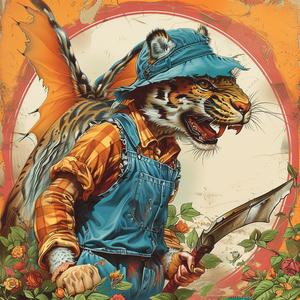tiger  hat  knife  chromolithography  vibrant  illustration  whimsical  colorful  artwork  playful 1051179