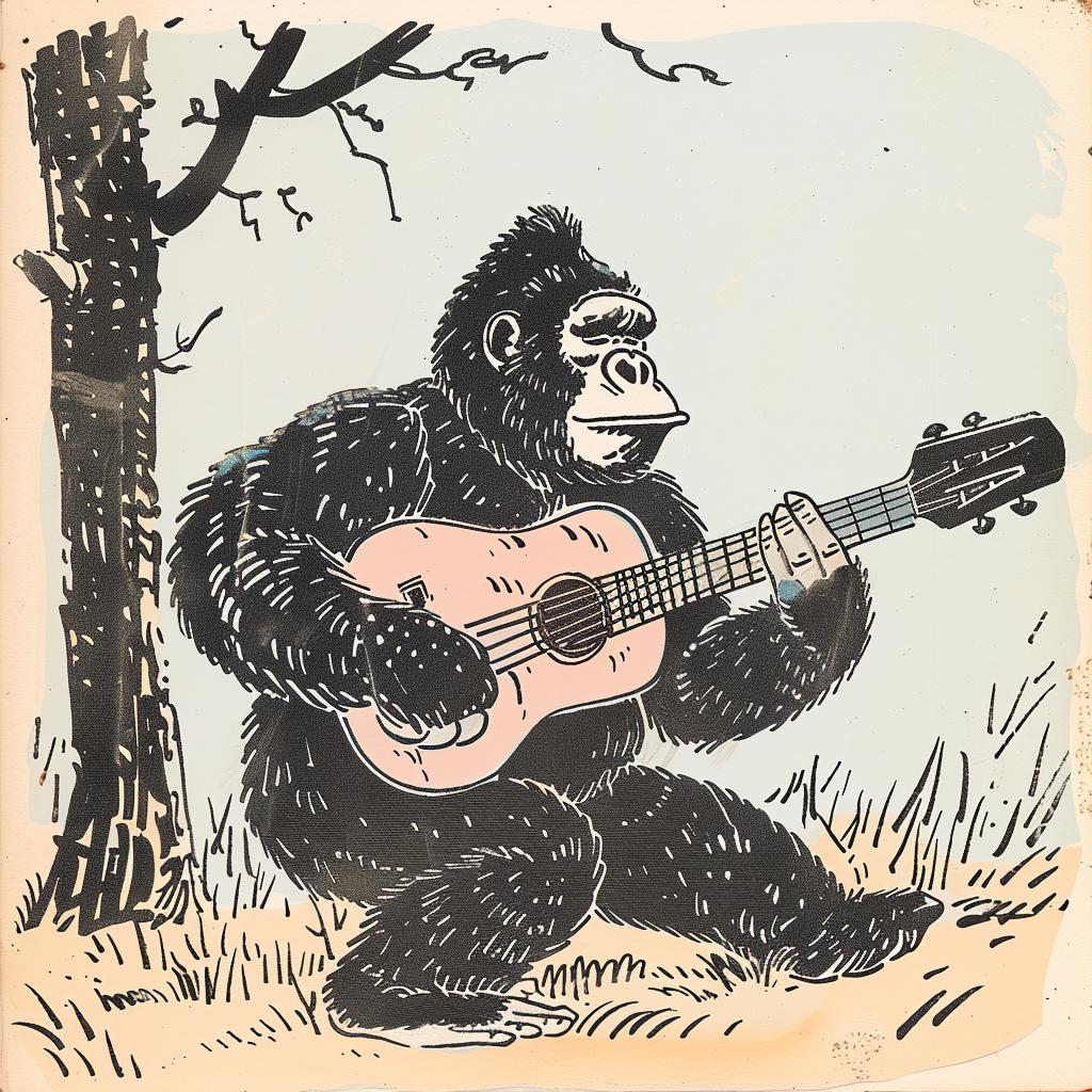 anthropomorphic  gorilla  guitar  cartoon  character  music  Moebius  illustration  playful  art 922577