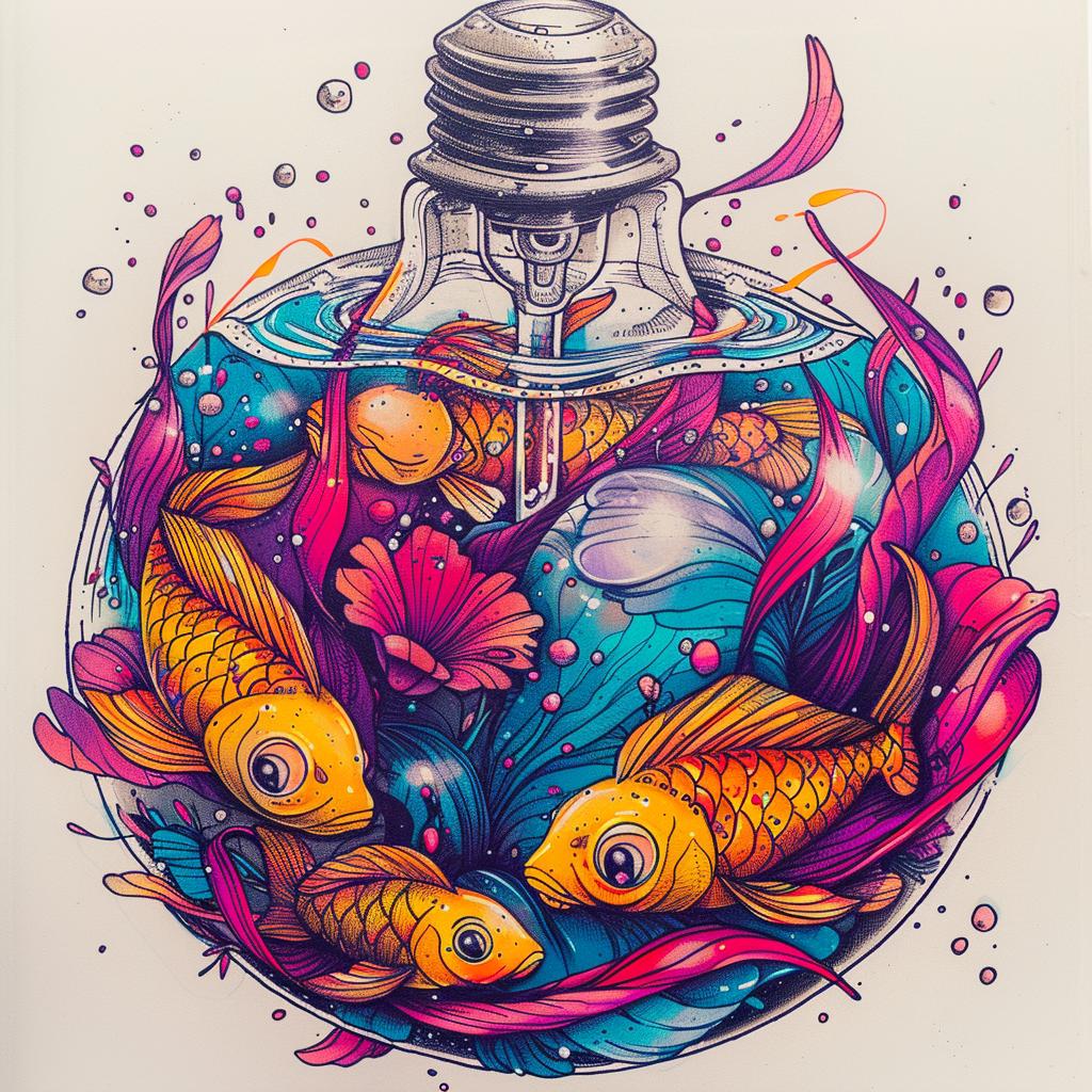 رسم سمكة ملونة على شكل حوض سمك سائل بمصباح كهربائي، إبداعي، غريب، فريد من نوعه 940404