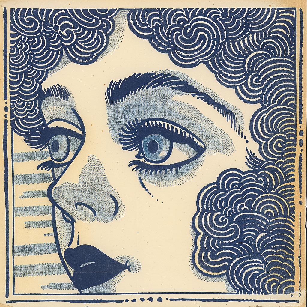 drawing  woman  curly  hair  navy  blue  cream  art  design  illustration 917437