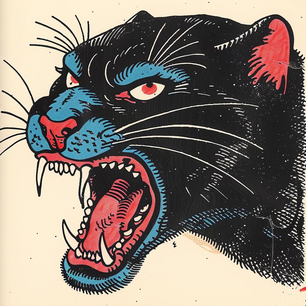 panther  tattoo  vintage  comic  art  illustration  black  red  blue  style 919376
