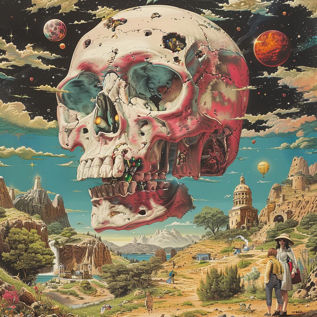 surreal  album  cover  hyper-realistic  screenprinting  skull  landscape  Ron  English  art 960371