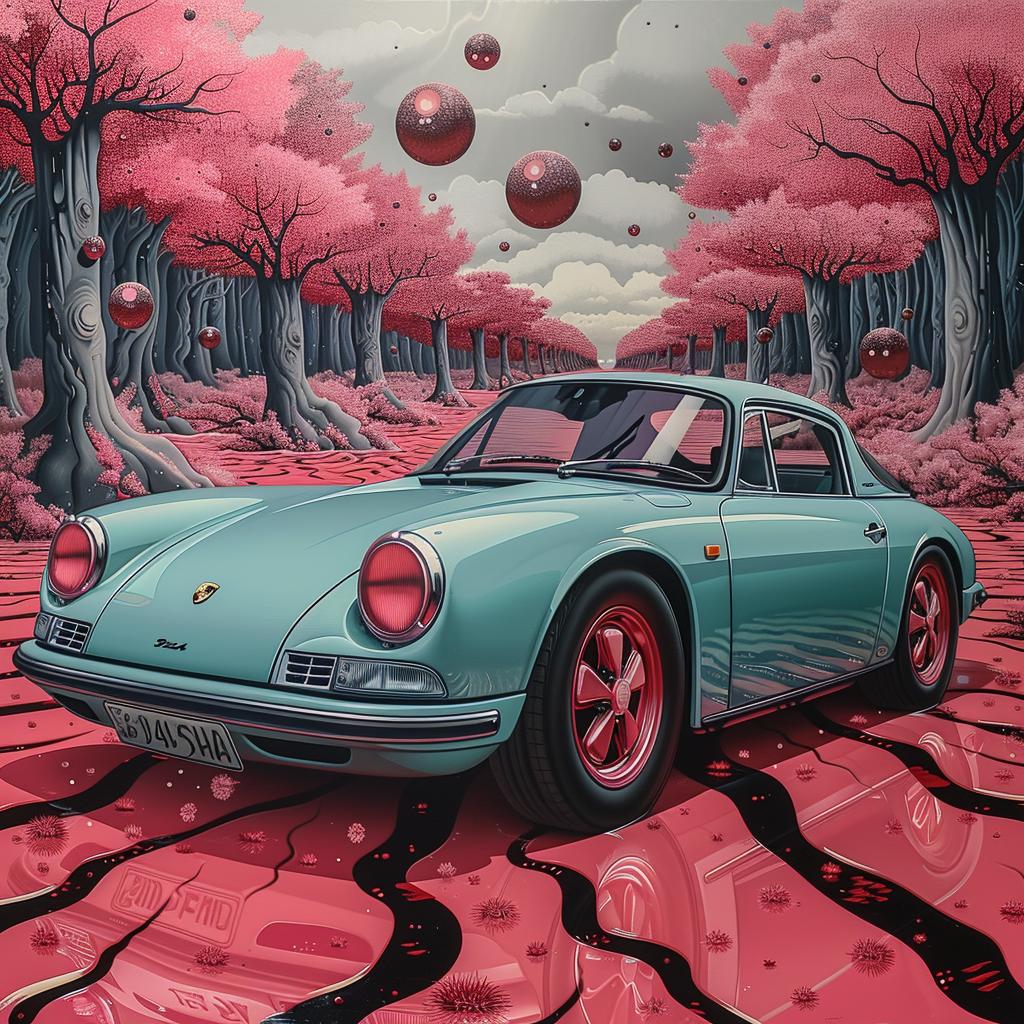 car  forest  pink  porsche  retrofuturism  Nagai  thoughtful  details  aesthetic  vintage 944374