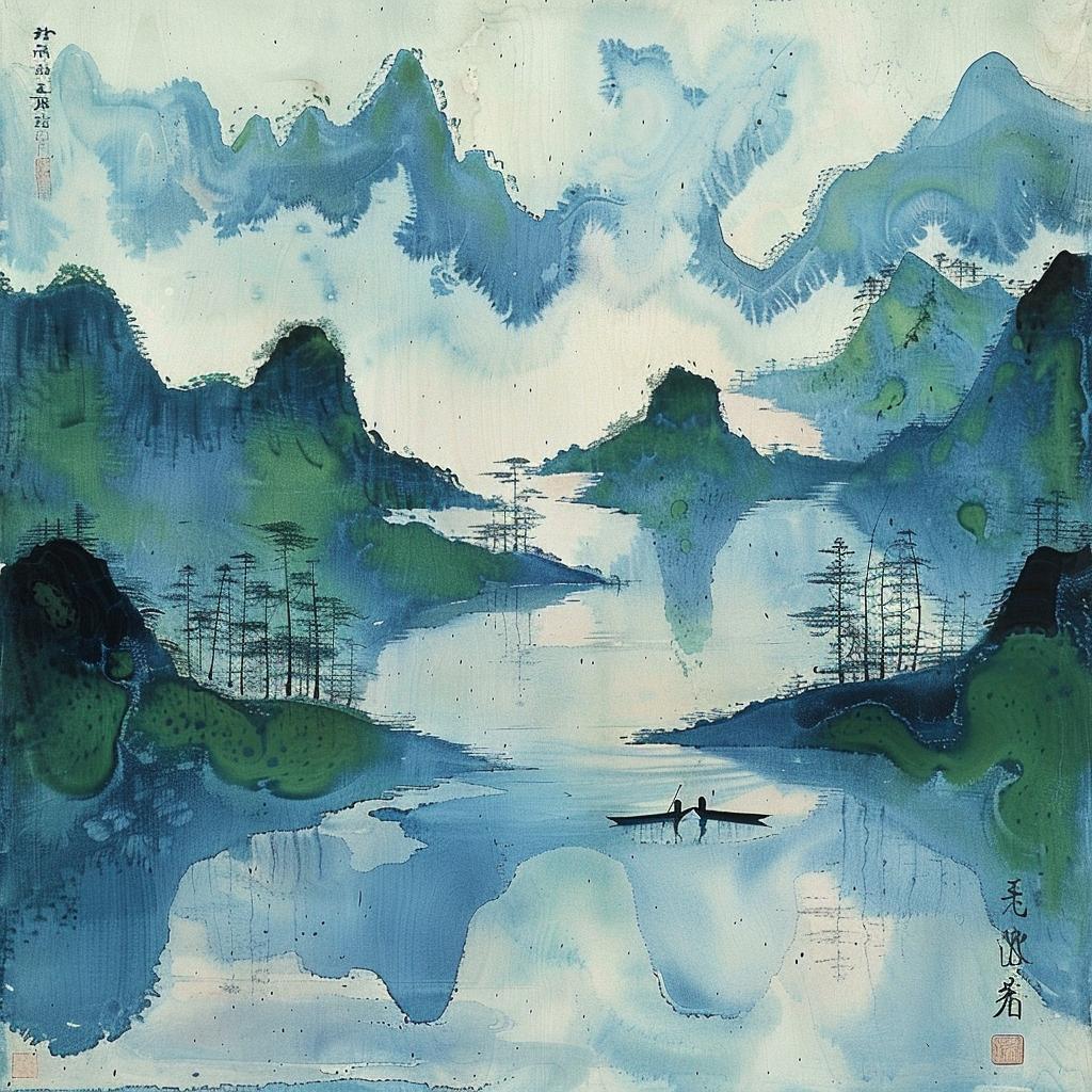 Chinese  Zen  ink  landscape  minimalist  water  mountains  boat  mist  diffusion 1032714