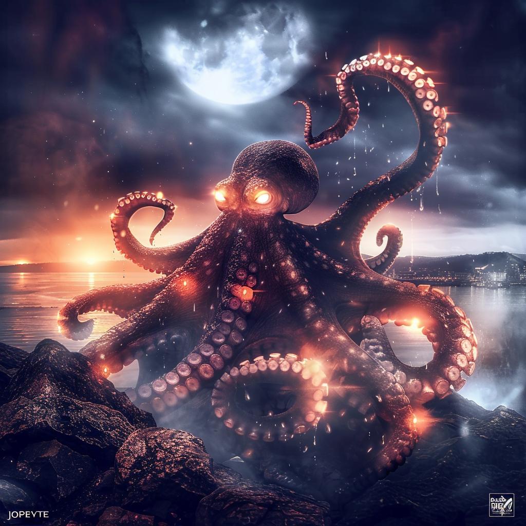 octopus  tentacles  glowing  eyes  rocks  creature  fantasy  Todd  McFarlane  whimsical 1034350