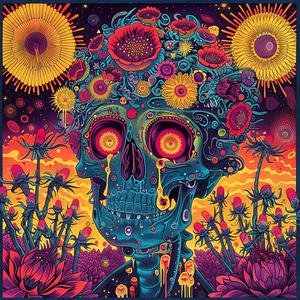 surreal  deathmetal  album  cover  psychedelic  skull  flowers  Risograph  hyper-realistic  Wlad 1079536