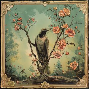 crow  branch  flowers  painting  chromolithography  nature  artwork  detailed  black  white 1057815