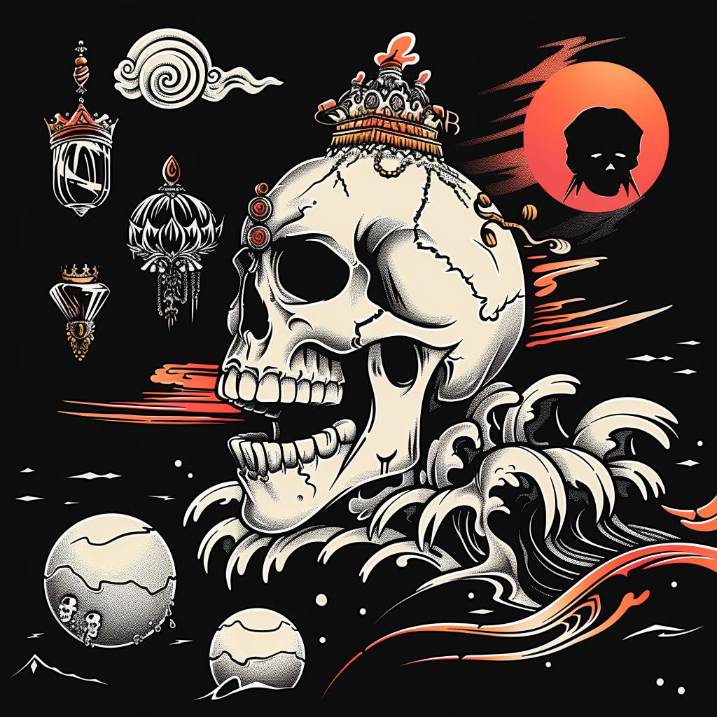 skull  crown  waves  black  background  graphic  symbolic  japanese  lettering  art 948068
